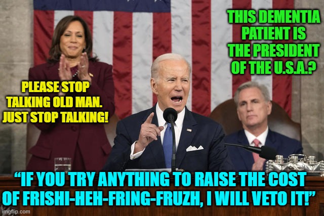 Without a doubt they were thinking 'this' as Biden was saying 'that'. | THIS DEMENTIA PATIENT IS THE PRESIDENT OF THE U.S.A.? PLEASE STOP TALKING OLD MAN.  JUST STOP TALKING! “IF YOU TRY ANYTHING TO RAISE THE COST OF FRISHI-HEH-FRING-FRUZH, I WILL VETO IT!” | image tagged in truth | made w/ Imgflip meme maker