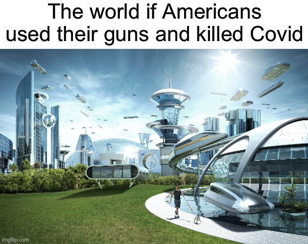 This is the one time we needed your patriotism and you blew it | The world if Americans used their guns and killed Covid | image tagged in futuristic utopia,usa,america,americans,united states,future | made w/ Imgflip meme maker