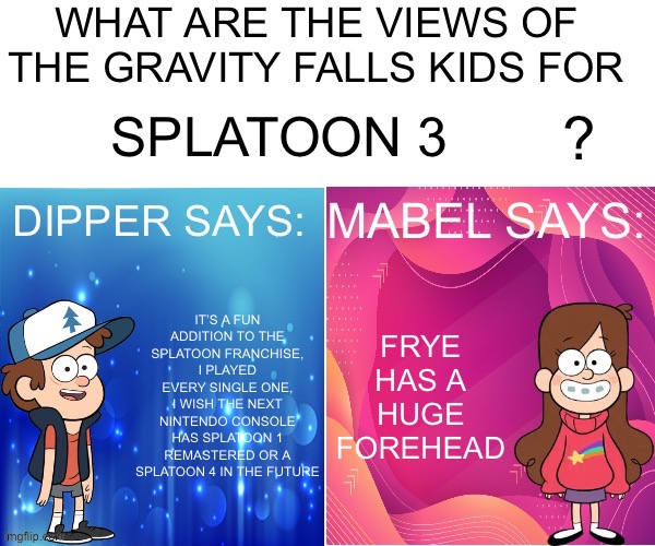 Dipper/Mabel says: | SPLATOON 3; IT’S A FUN ADDITION TO THE SPLATOON FRANCHISE, I PLAYED EVERY SINGLE ONE, I WISH THE NEXT NINTENDO CONSOLE HAS SPLATOON 1 REMASTERED OR A SPLATOON 4 IN THE FUTURE; FRYE HAS A HUGE FOREHEAD | image tagged in dipper/mabel says | made w/ Imgflip meme maker