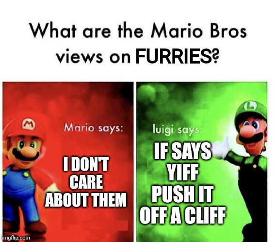 Personally I'm Luigi | FURRIES; I DON'T CARE ABOUT THEM; IF SAYS YIFF PUSH IT OFF A CLIFF | image tagged in mario bros views,anti furry | made w/ Imgflip meme maker