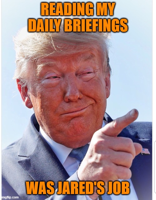 Trump pointing | READING MY DAILY BRIEFINGS WAS JARED'S JOB | image tagged in trump pointing | made w/ Imgflip meme maker