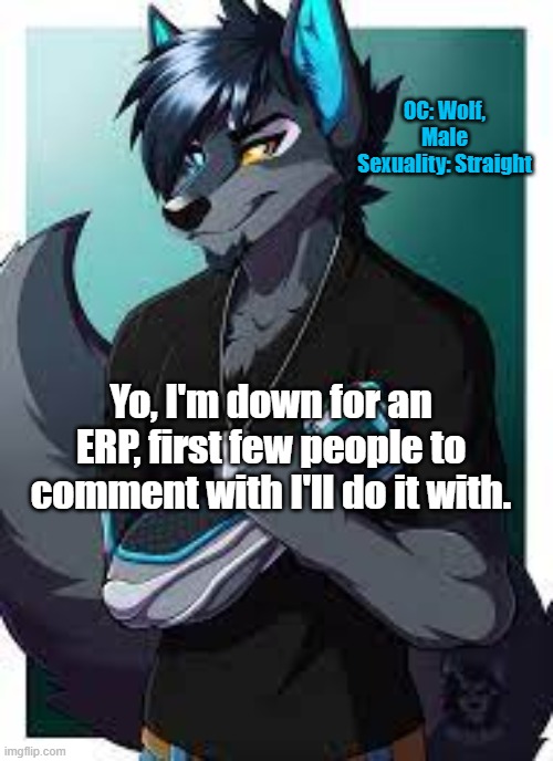 Wolf's Announcement Template | OC: Wolf, Male
Sexuality: Straight; Yo, I'm down for an ERP, first few people to comment with I'll do it with. | image tagged in wolf's announcement template | made w/ Imgflip meme maker