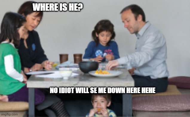 Hide and Seek | WHERE IS HE? NO IDIOT WILL SE ME DOWN HERE HEHE | image tagged in hide,table | made w/ Imgflip meme maker