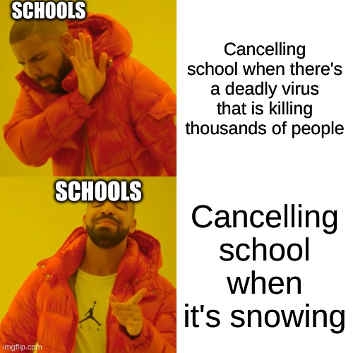 WHY | SCHOOLS; Cancelling school when there's a deadly virus that is killing thousands of people; SCHOOLS; Cancelling school when it's snowing | image tagged in memes,drake hotline bling | made w/ Imgflip meme maker