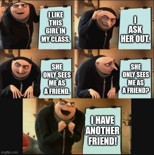 better than having nothing | I LIKE THIS GIRL IN MY CLASS. I ASK HER OUT. SHE ONLY SEES ME AS A FRIEND? SHE ONLY SEES ME AS A FRIEND. I HAVE ANOTHER FRIEND! | image tagged in 5 panel gru meme | made w/ Imgflip meme maker