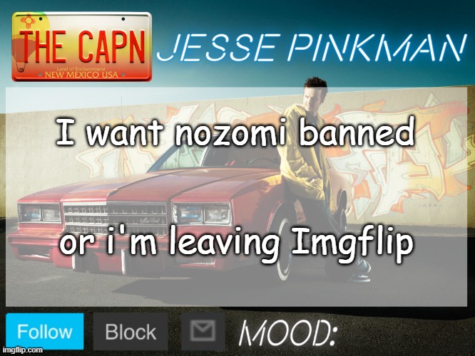 Jesse Pinkman Template | I want nozomi banned; or i'm leaving Imgflip | image tagged in jesse pinkman template | made w/ Imgflip meme maker