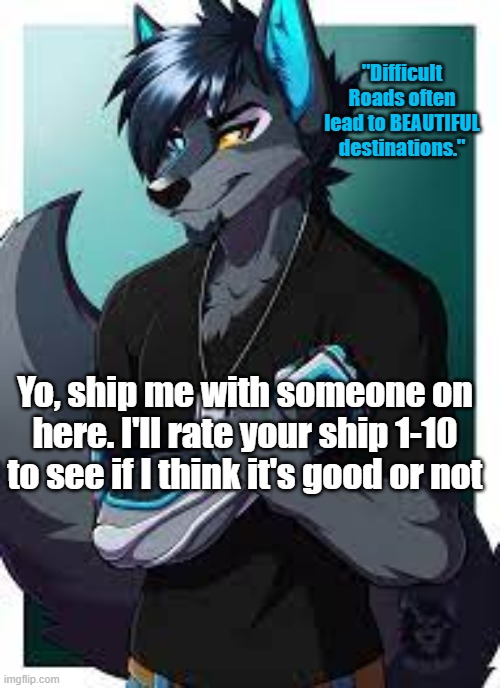 Ship me with someone  | "Difficult Roads often lead to BEAUTIFUL destinations."; Yo, ship me with someone on here. I'll rate your ship 1-10 to see if I think it's good or not | image tagged in wolf's announcement template | made w/ Imgflip meme maker