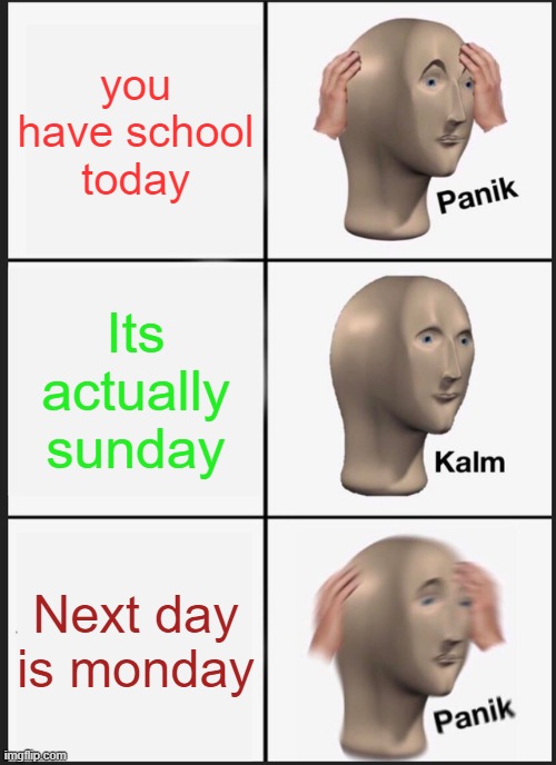 i hate monday | you have school today; Its actually sunday; Next day is monday | image tagged in memes,panik kalm panik | made w/ Imgflip meme maker