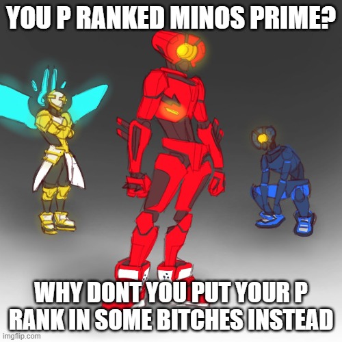 idfk | YOU P RANKED MINOS PRIME? WHY DONT YOU PUT YOUR P RANK IN SOME BITCHES INSTEAD | made w/ Imgflip meme maker