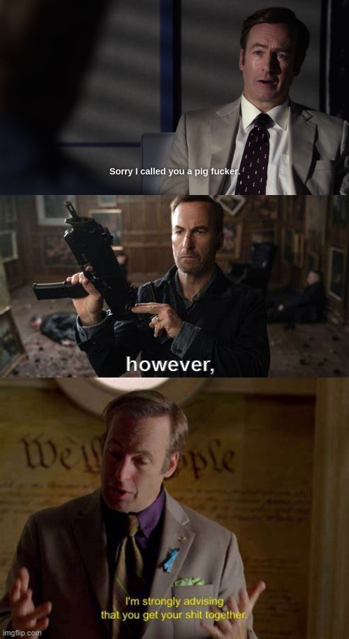 top image was one of my temps | however, | image tagged in sorry i called you a pig fucker,it won't be difficult to fire saul goodman it's too long | made w/ Imgflip meme maker