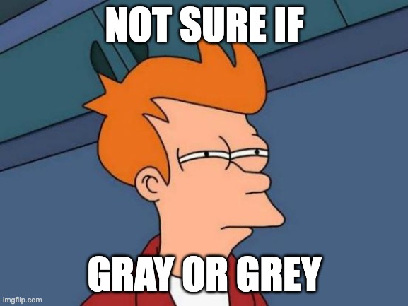 WTF is going on with English??? | NOT SURE IF; GRAY OR GREY | image tagged in memes,futurama fry | made w/ Imgflip meme maker