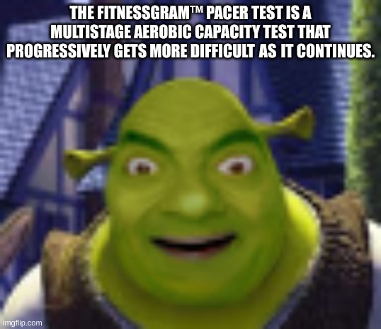 Mr bean shrek | THE FITNESSGRAM™ PACER TEST IS A MULTISTAGE AEROBIC CAPACITY TEST THAT PROGRESSIVELY GETS MORE DIFFICULT AS IT CONTINUES. | image tagged in mr bean shrek | made w/ Imgflip meme maker