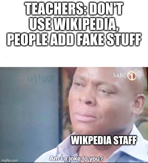 am I a joke to you | TEACHERS: DON'T USE WIKIPEDIA, PEOPLE ADD FAKE STUFF; WIKPEDIA STAFF | image tagged in am i a joke to you | made w/ Imgflip meme maker