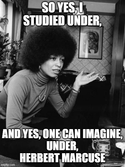 Angela Davis | SO YES, I STUDIED UNDER, AND YES, ONE CAN IMAGINE,
UNDER,
HERBERT MARCUSE | image tagged in angela davis | made w/ Imgflip meme maker