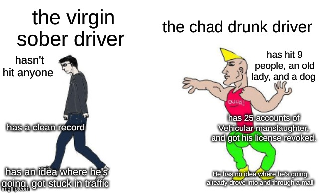 Virgin vs Chad | the chad drunk driver; the virgin sober driver; has hit 9 people, an old lady, and a dog; hasn't hit anyone; has 25 accounts of Vehicular manslaughter, and got his license revoked. has a clean record; has an idea where he's going, got stuck in traffic; He has no idea where he's going, already drove into and through a mall | image tagged in virgin vs chad,memes,bad drivers,driving | made w/ Imgflip meme maker