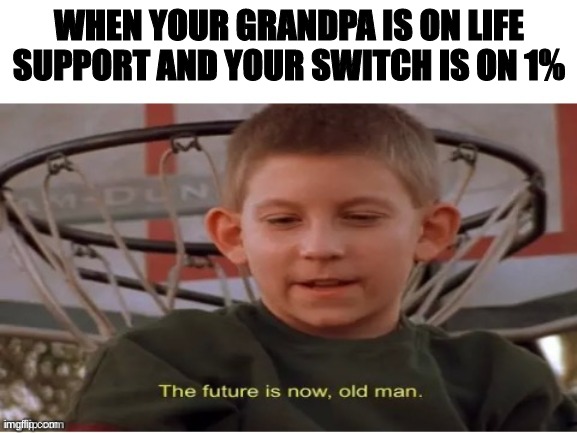 The future is now, old man | WHEN YOUR GRANDPA IS ON LIFE SUPPORT AND YOUR SWITCH IS ON 1% | image tagged in the future is now old man | made w/ Imgflip meme maker