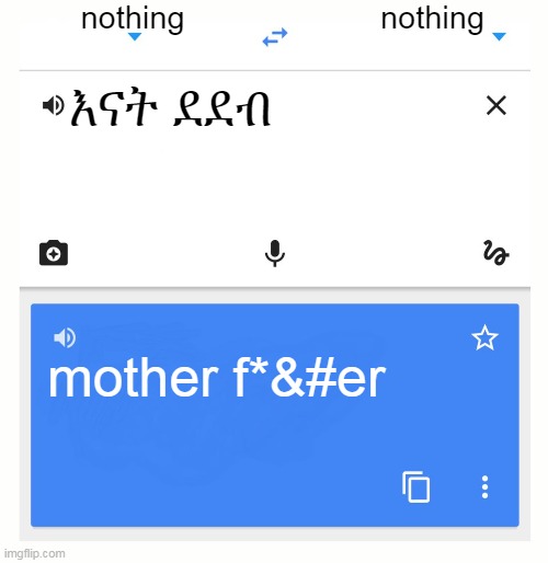 Google Translate | nothing; nothing; እናት ደደብ; mother f*&#er | image tagged in google translate | made w/ Imgflip meme maker