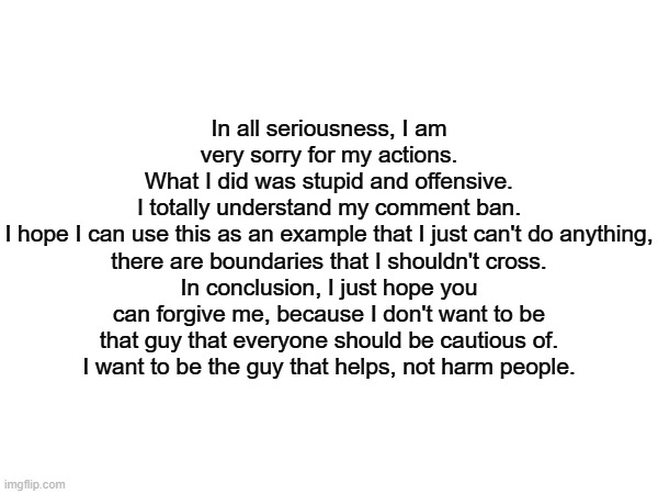 addressing my actions | In all seriousness, I am very sorry for my actions.
What I did was stupid and offensive.
I totally understand my comment ban.
I hope I can use this as an example that I just can't do anything, there are boundaries that I shouldn't cross.
In conclusion, I just hope you can forgive me, because I don't want to be that guy that everyone should be cautious of.
I want to be the guy that helps, not harm people. | made w/ Imgflip meme maker