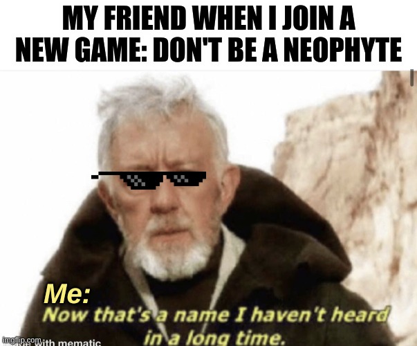 Shout out to anyone who reads tales of an 8 bit kitten or diary of an 8 bit warrior | MY FRIEND WHEN I JOIN A NEW GAME: DON'T BE A NEOPHYTE; Me: | image tagged in now that s a name i haven t heard in years | made w/ Imgflip meme maker