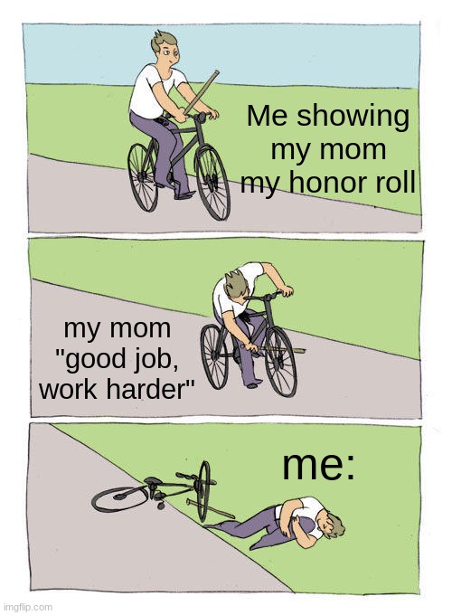 Faxs | Me showing my mom my honor roll; my mom "good job, work harder"; me: | image tagged in memes,bike fall | made w/ Imgflip meme maker