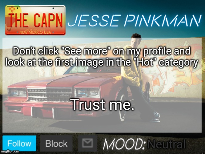 Jesse Pinkman Template | Don't click "See more" on my profile and look at the first image in the "Hot" category; Trust me. Neutral | image tagged in jesse pinkman template | made w/ Imgflip meme maker