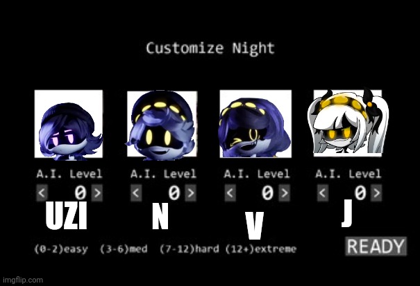 Murder drones custom night | J; UZI; N; V | image tagged in fnaf 1 custom night | made w/ Imgflip meme maker