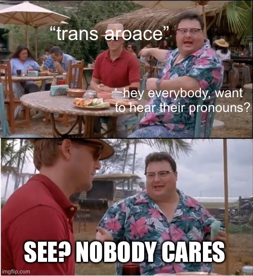 probably my last post in politics | “trans aroace”; hey everybody, want to hear their pronouns? SEE? NOBODY CARES | image tagged in memes,see nobody cares | made w/ Imgflip meme maker