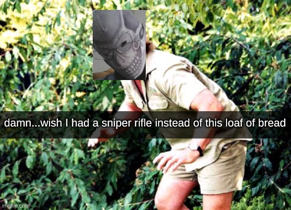 Live footage of me at hunger games | damn...wish I had a sniper rifle instead of this loaf of bread | image tagged in crocodile hunter steve irwin | made w/ Imgflip meme maker