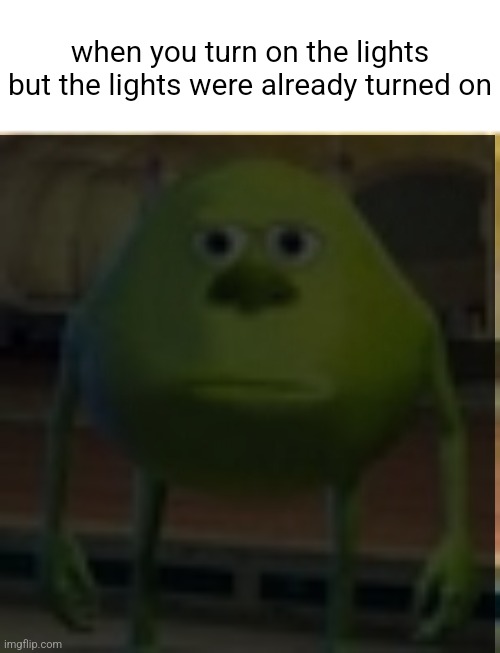 pain | when you turn on the lights but the lights were already turned on | image tagged in sully wazowski | made w/ Imgflip meme maker