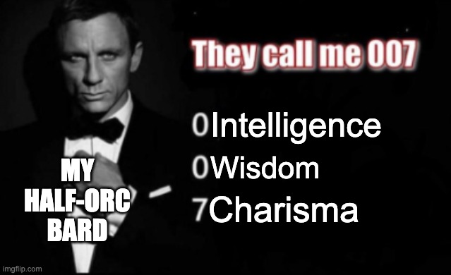 i had to re-roll but i thought it would be funny | Intelligence; MY HALF-ORC BARD; Wisdom; Charisma | image tagged in they call me 007 | made w/ Imgflip meme maker