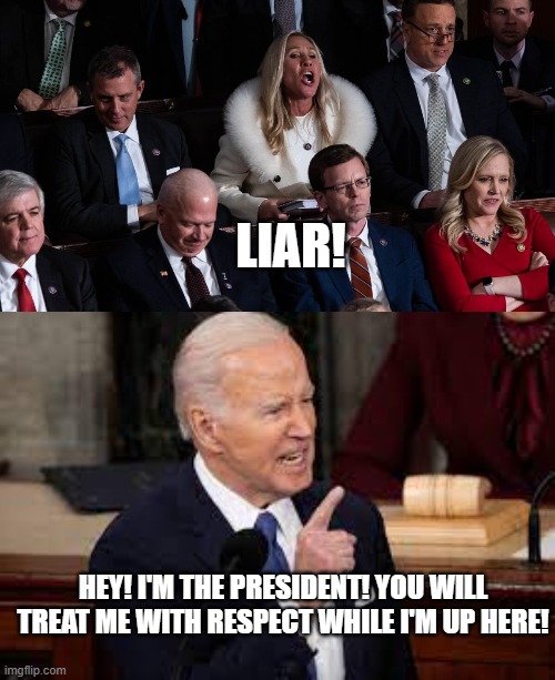 LIAR! HEY! I'M THE PRESIDENT! YOU WILL TREAT ME WITH RESPECT WHILE I'M UP HERE! | image tagged in state of the union,marjorie taylor greene | made w/ Imgflip meme maker