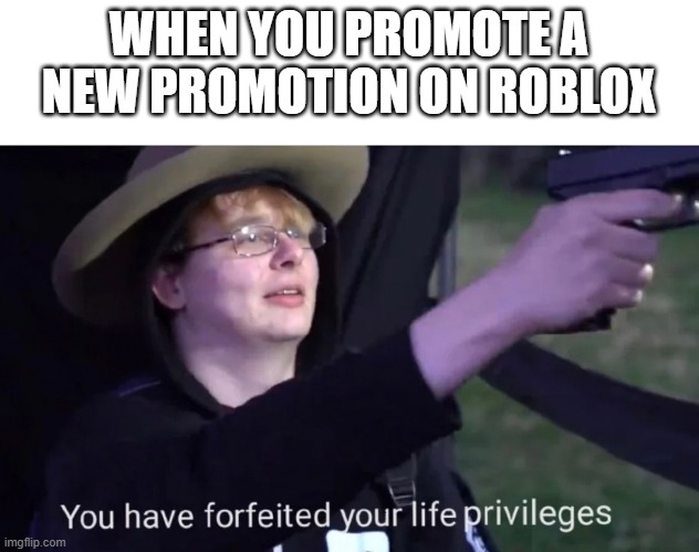 It's always been promoted a Roblox promotion | WHEN YOU PROMOTE A NEW PROMOTION ON ROBLOX | image tagged in you have forfeited life privileges,memes | made w/ Imgflip meme maker