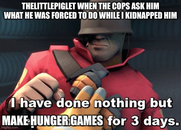 I have done nothing but teleport bread for 3 days | THELITTLEPIGLET WHEN THE COPS ASK HIM WHAT HE WAS FORCED TO DO WHILE I KIDNAPPED HIM; MAKE HUNGER GAMES | image tagged in i have done nothing but teleport bread for 3 days | made w/ Imgflip meme maker
