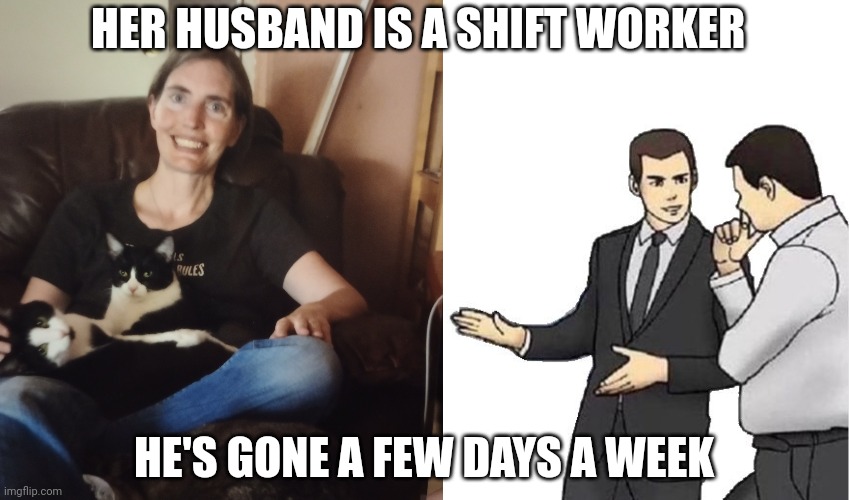 HER HUSBAND IS A SHIFT WORKER; HE'S GONE A FEW DAYS A WEEK | image tagged in cheating nancy,memes,car salesman slaps hood | made w/ Imgflip meme maker