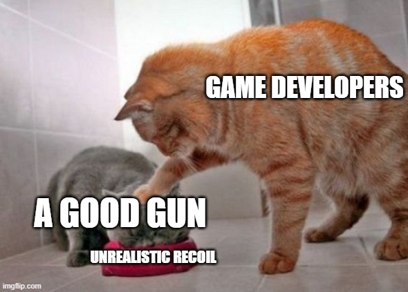"balance purposes" | GAME DEVELOPERS; A GOOD GUN; UNREALISTIC RECOIL | image tagged in force feed cat,gaming,fps,memes,gun memes | made w/ Imgflip meme maker
