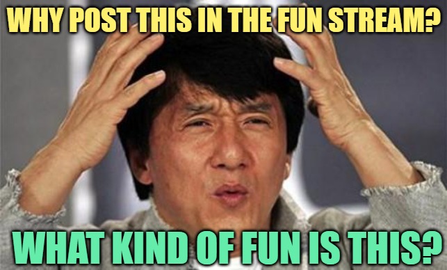 Jackie Chan WTF | WHY POST THIS IN THE FUN STREAM? WHAT KIND OF FUN IS THIS? | image tagged in jackie chan wtf | made w/ Imgflip meme maker