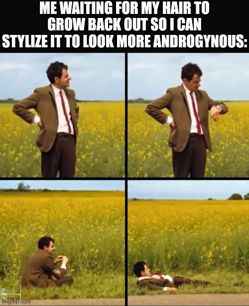 It's been day since my haircut, it it took months to grow that long. Ugh... | ME WAITING FOR MY HAIR TO GROW BACK OUT SO I CAN STYLIZE IT TO LOOK MORE ANDROGYNOUS: | image tagged in mr bean waiting,androgynous,memes,true story,ugh,hurry up | made w/ Imgflip meme maker