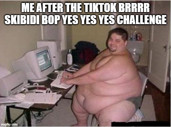 wut da heeeel | ME AFTER THE TIKTOK BRRRR SKIBIDI BOP YES YES YES CHALLENGE | image tagged in really fat guy on computer,skibidi bop bop yes yes yes,goofy memes | made w/ Imgflip meme maker