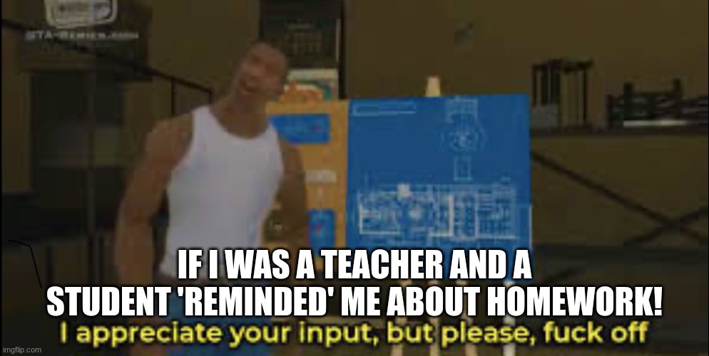 I would seriously not set homework! | IF I WAS A TEACHER AND A STUDENT 'REMINDED' ME ABOUT HOMEWORK! | image tagged in i appreciate your input but please | made w/ Imgflip meme maker