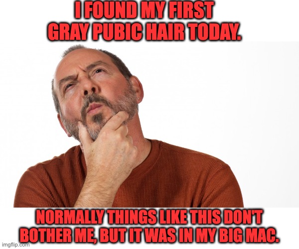 Hair | I FOUND MY FIRST GRAY PUBIC HAIR TODAY. NORMALLY THINGS LIKE THIS DON'T BOTHER ME, BUT IT WAS IN MY BIG MAC. | image tagged in hmmm | made w/ Imgflip meme maker