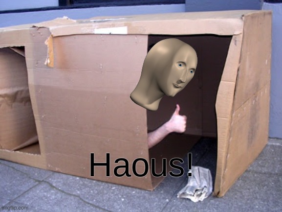 Hoem! | Haous! | image tagged in cardboard box house | made w/ Imgflip meme maker