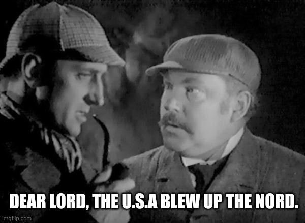 Holmes and Watson | DEAR LORD, THE U.S.A BLEW UP THE NORD. | image tagged in holmes and watson | made w/ Imgflip meme maker