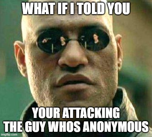 What if i told you | WHAT IF I TOLD YOU; YOUR ATTACKING THE GUY WHOS ANONYMOUS | image tagged in what if i told you,bruh,stupidity | made w/ Imgflip meme maker