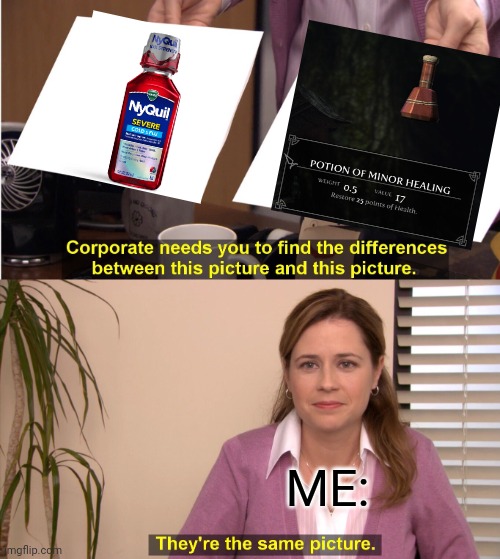 I COULD REALLY USE A HEALING POTION RIGHT NOW | ME: | image tagged in memes,they're the same picture,skyrim,skyrim meme,video games,flu | made w/ Imgflip meme maker