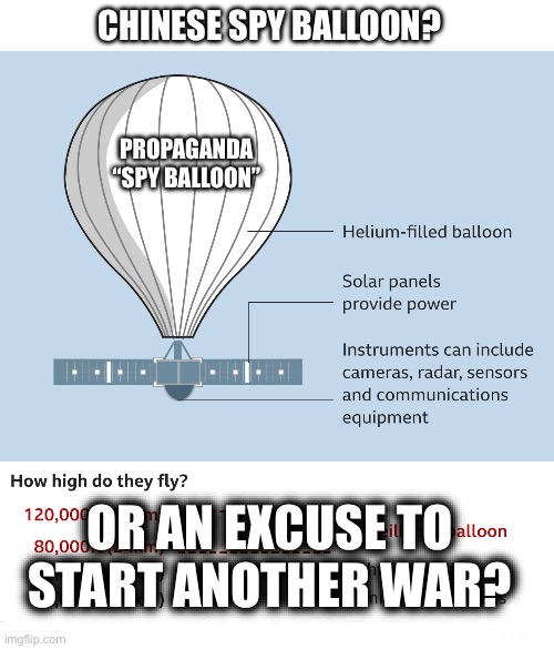 How did they know if was from China? | CHINESE SPY BALLOON? PROPAGANDA
“SPY BALLOON”; OR AN EXCUSE TO START ANOTHER WAR? | image tagged in spy balloon,chinese,are you sure | made w/ Imgflip meme maker