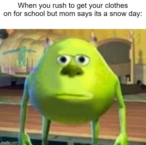 True story. Happened to me like 10 minutes ago. |  When you rush to get your clothes on for school but mom says its a snow day: | image tagged in monsters inc | made w/ Imgflip meme maker