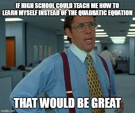 That Would Be Great | IF HIGH SCHOOL COULD TEACH ME HOW TO LEARN MYSELF INSTEAD OF THE QUADRATIC EQUATION; THAT WOULD BE GREAT | image tagged in memes,that would be great,meme,humor,funny | made w/ Imgflip meme maker