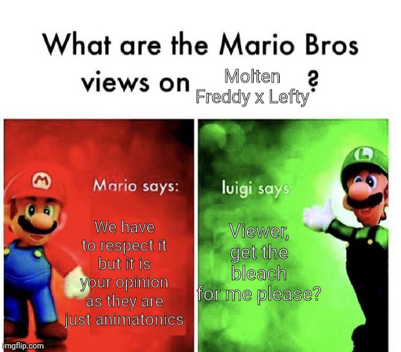 This is what they have to say... | Molten Freddy x Lefty; Viewer, get the bleach for me please? We have to respect it but it is your opinion as they are just animatonics | image tagged in mario bros views | made w/ Imgflip meme maker