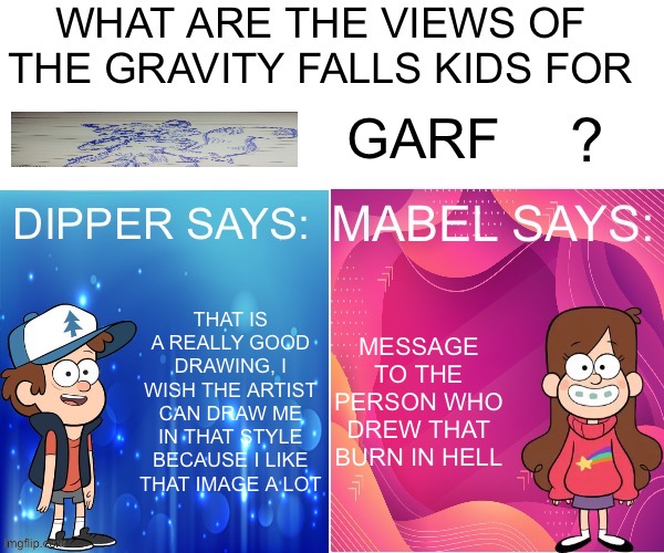 Dipper/Mabel says: | GARF; THAT IS A REALLY GOOD DRAWING, I WISH THE ARTIST CAN DRAW ME IN THAT STYLE BECAUSE I LIKE THAT IMAGE A LOT; MESSAGE TO THE PERSON WHO DREW THAT
BURN IN HELL | image tagged in dipper/mabel says | made w/ Imgflip meme maker