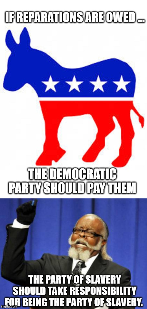 If Reparations Are Owed... | IF REPARATIONS ARE OWED ... THE DEMOCRATIC PARTY SHOULD PAY THEM; THE PARTY OF SLAVERY SHOULD TAKE RESPONSIBILITY FOR BEING THE PARTY OF SLAVERY. | image tagged in democrat donkey,memes,too damn high | made w/ Imgflip meme maker